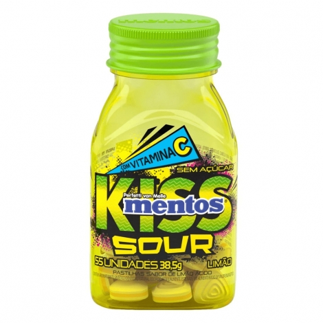 Pastilha Limão Ácido Zero Açúcar Mentos Kiss Sour Frasco 38,5g 55 Unidades